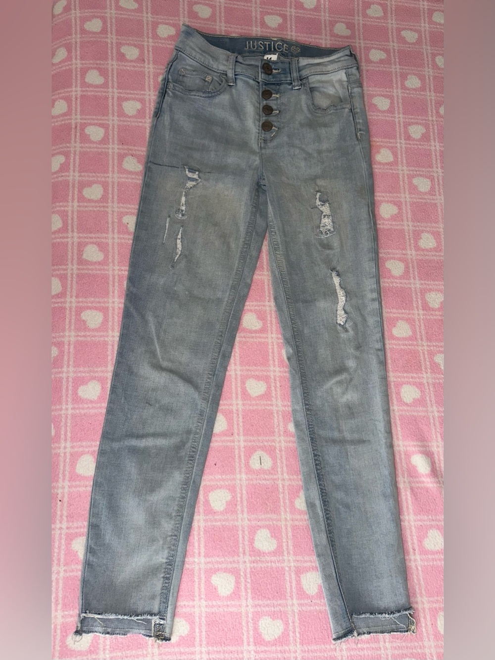 Justice Light Blue Distressed Button-Fly Jeans